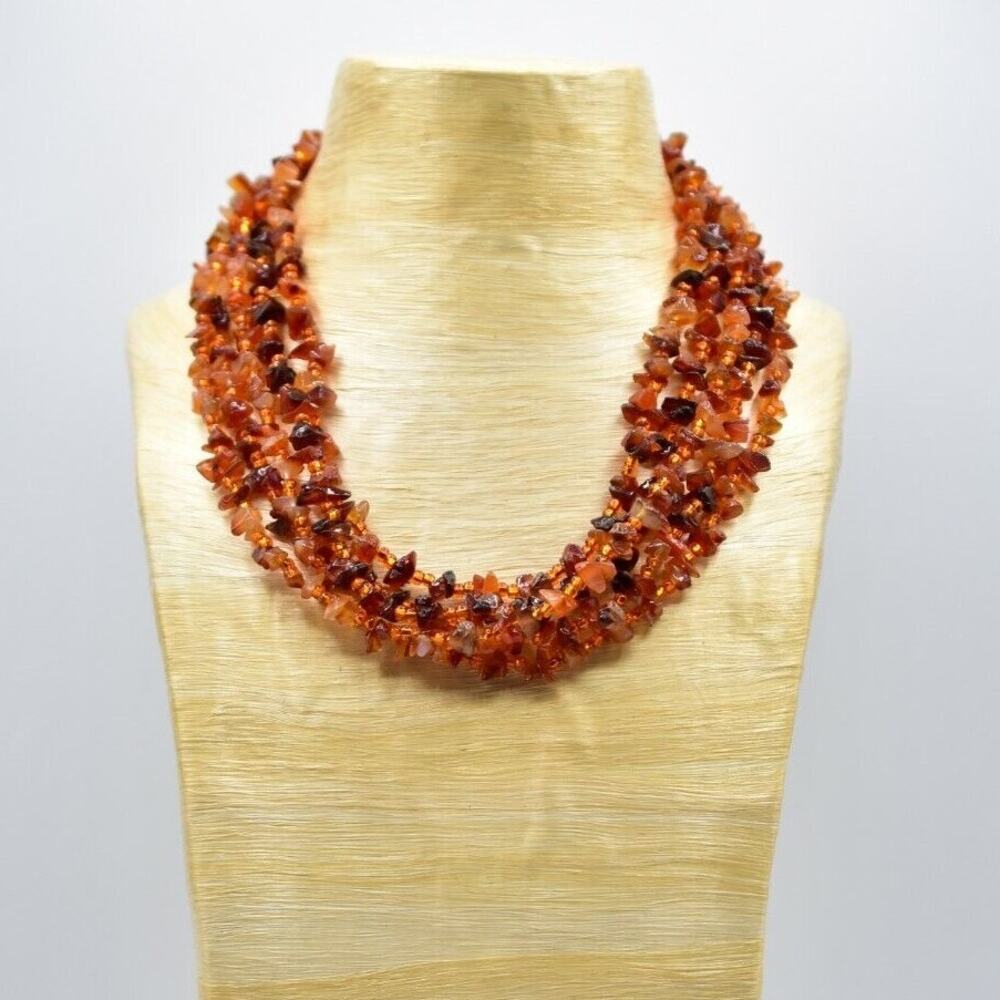 Vintage Beaded Statement Necklace Bright Amber Beaded Faux Stone Rocks Bin4